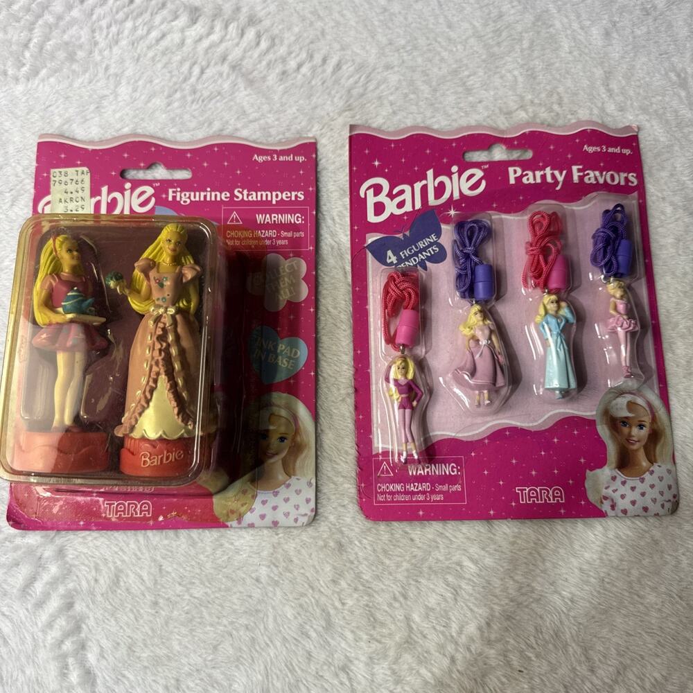 Vtg 1997 Barbie Party Favors Figurine Pendants Necklaces Stamp Set New Sealed